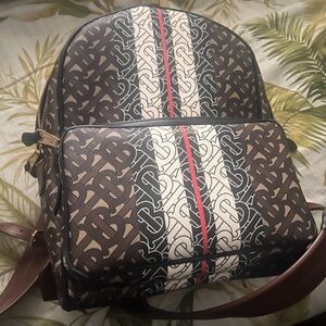 Burberry Brown Monogram Backpack with Cream and Red Stripe